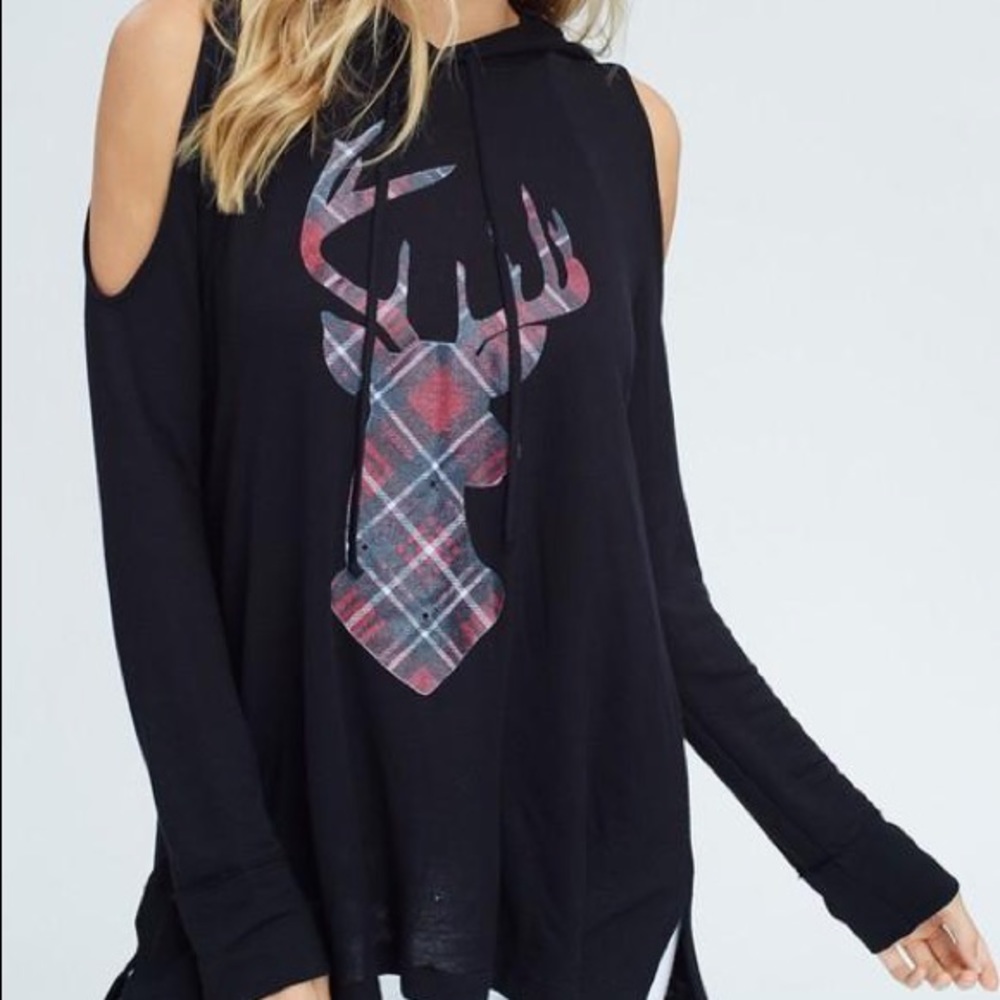Plaid Reindeer Cold Shoulder Top